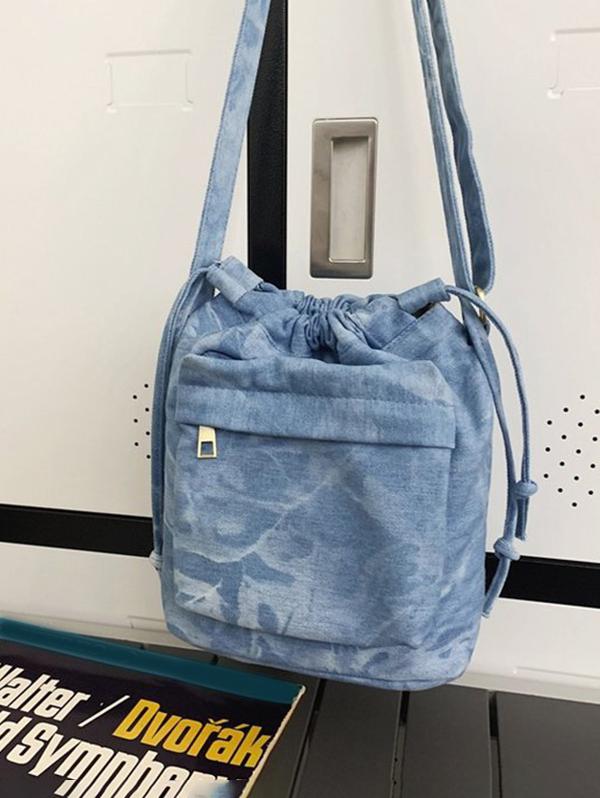 Women's Fashion Daily Zippered Pocket Mobile Phone Drawstring Crossbody Denim Bucket Bag