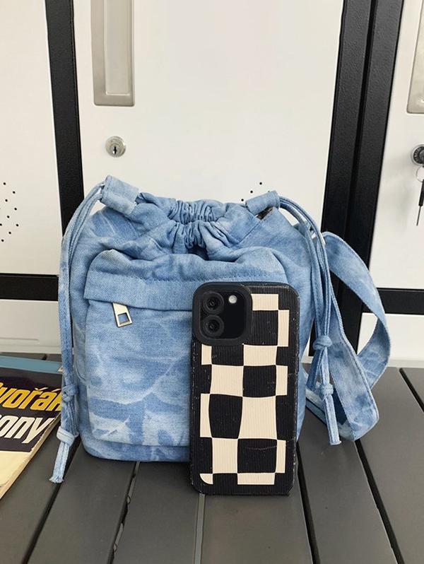 Women's Fashion Daily Zippered Pocket Mobile Phone Drawstring Crossbody Denim Bucket Bag