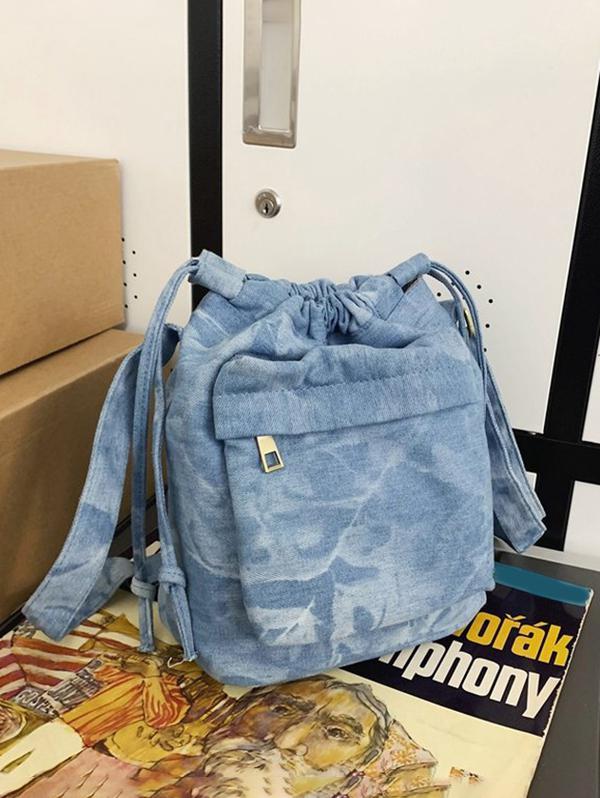 Women's Fashion Daily Zippered Pocket Mobile Phone Drawstring Crossbody Denim Bucket Bag