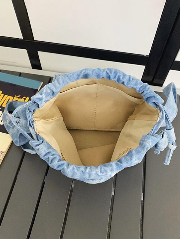 Women's Fashion Daily Zippered Pocket Mobile Phone Drawstring Crossbody Denim Bucket Bag