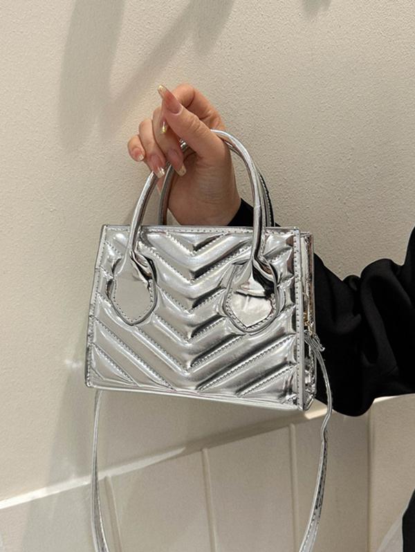 V-cut Topstitching Metallic Shine Sparkly Crossbody Bag