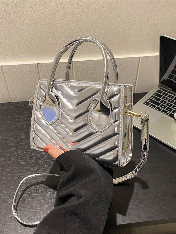 V-cut Topstitching Metallic Shine Sparkly Crossbody Bag
