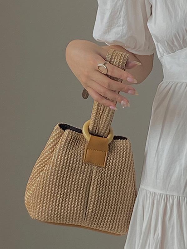 Women's Vacation Small O Ring Straw Handbag Chain Shoulder Bag