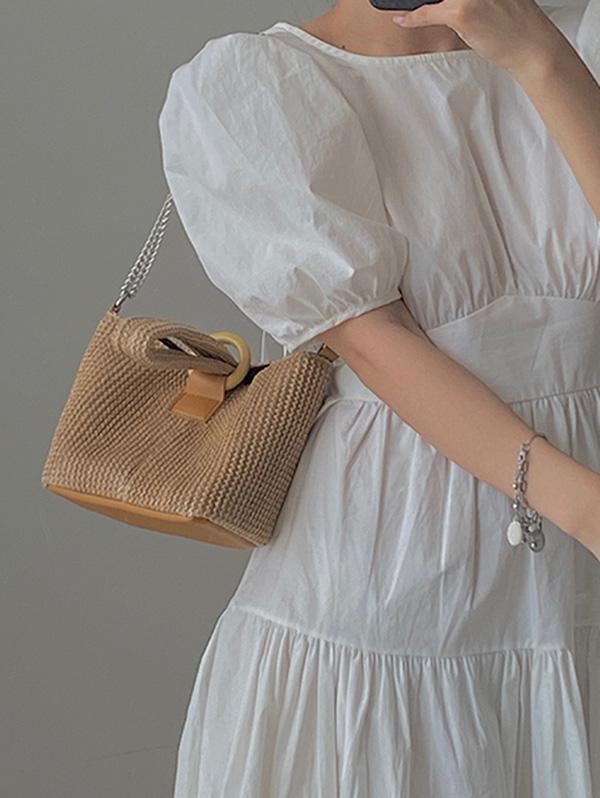 Women's Vacation Small O Ring Straw Handbag Chain Shoulder Bag