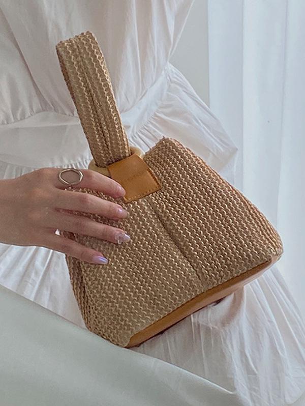 Women's Vacation Small O Ring Straw Handbag Chain Shoulder Bag