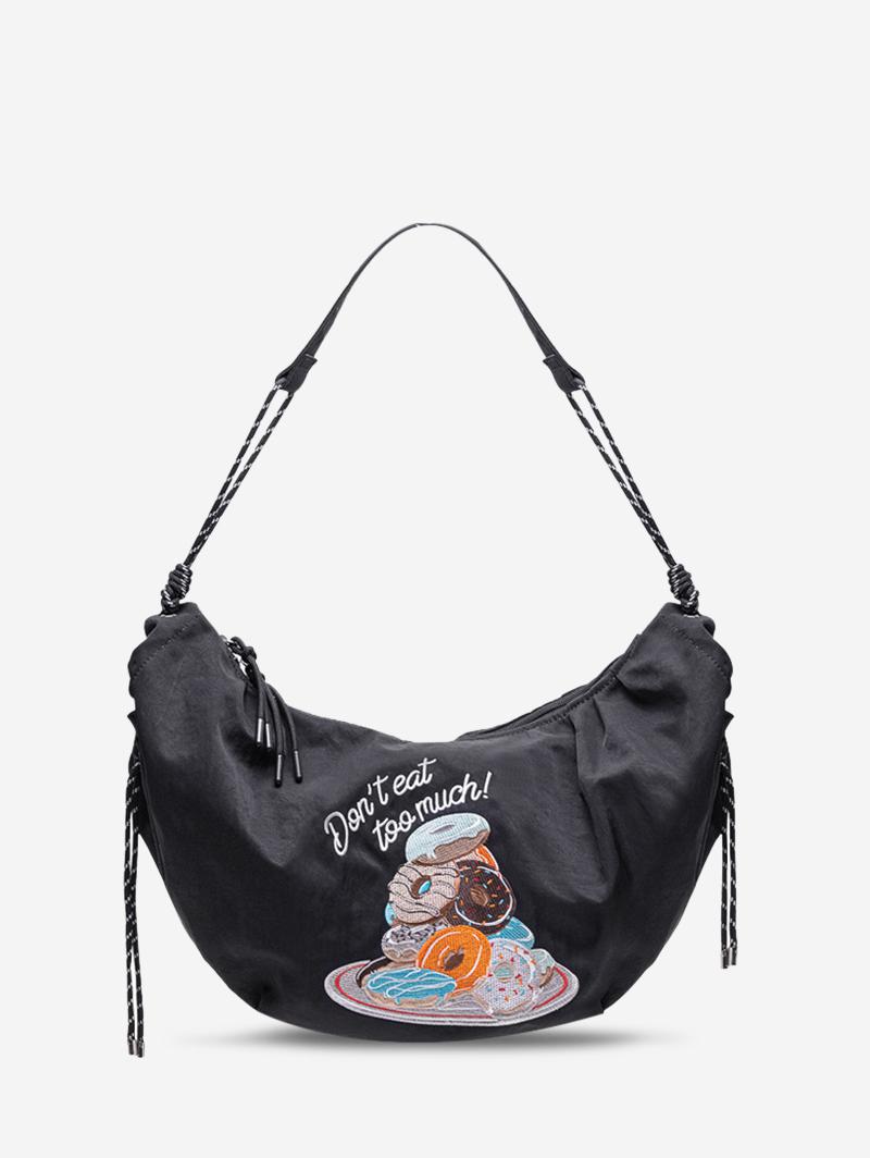 Women's Half Moon Don't Eat Too Much Donuts Embroidered Nylon Shoulder Bag