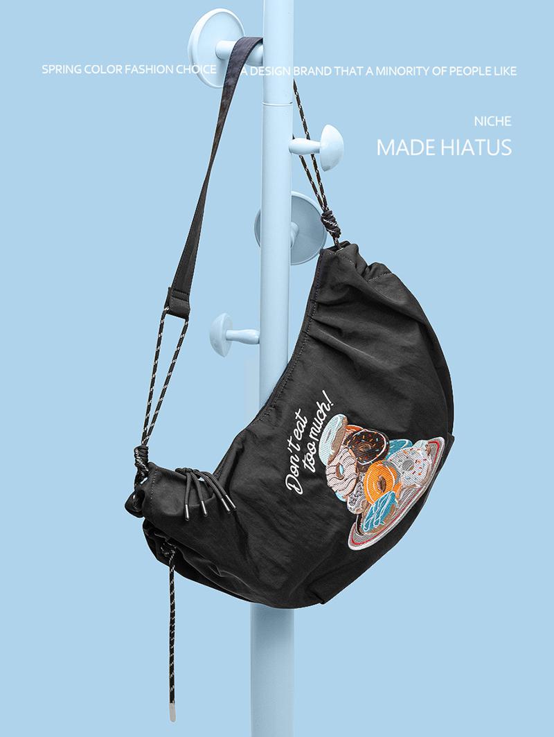 Women's Half Moon Don't Eat Too Much Donuts Embroidered Nylon Shoulder Bag