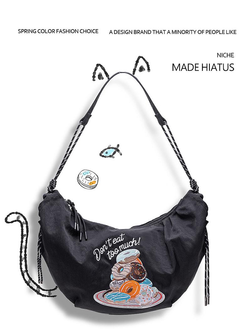 Women's Half Moon Don't Eat Too Much Donuts Embroidered Nylon Shoulder Bag