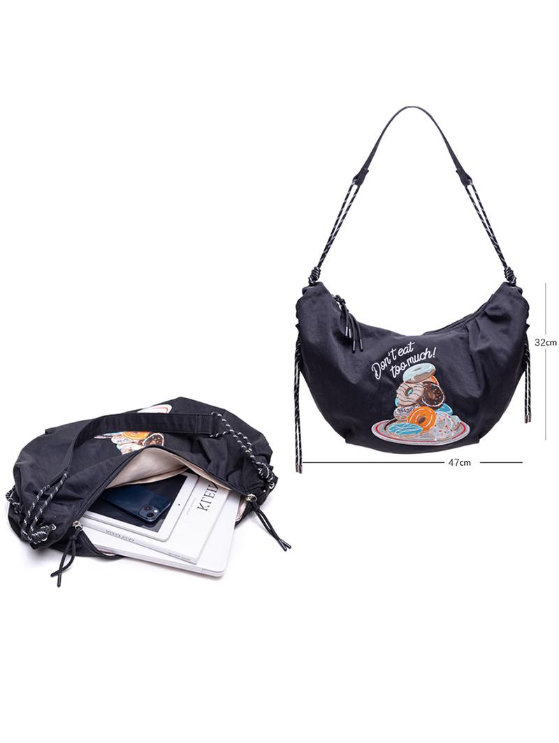 Women's Half Moon Don't Eat Too Much Donuts Embroidered Nylon Shoulder Bag
