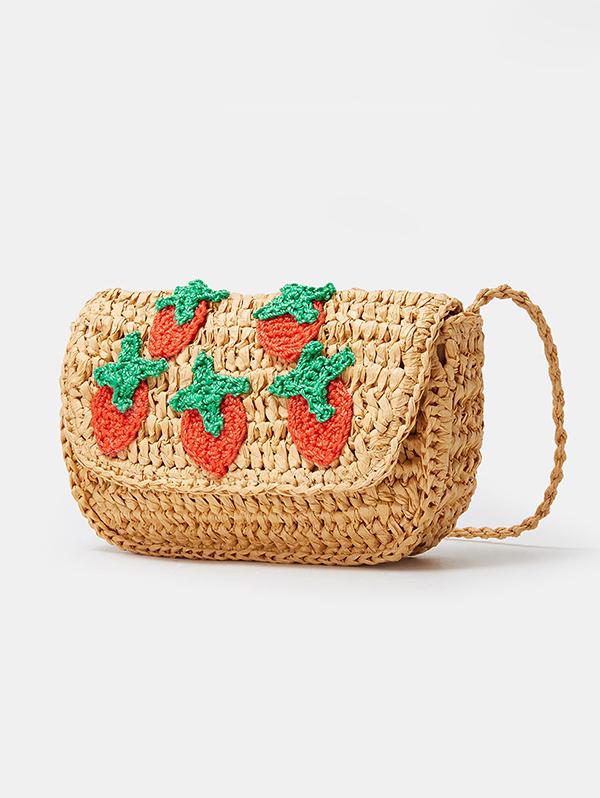 Women's Cute Handmade Braided Strawberry Embroidered Raffia Straw Beach Vacation Shoulder Bag