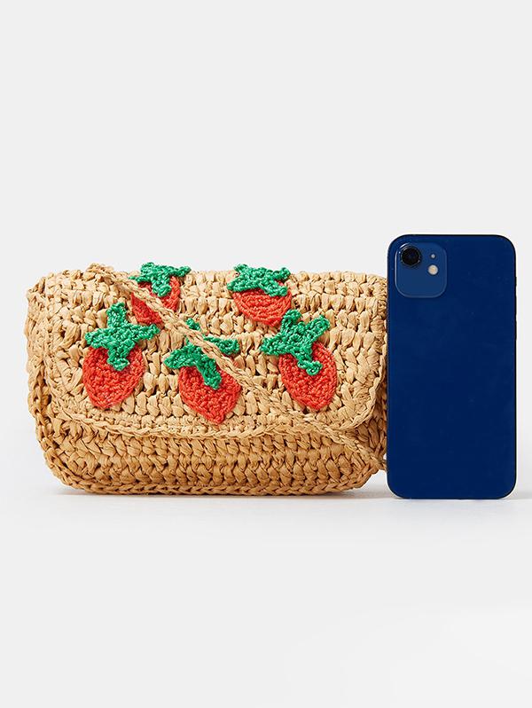 Women's Cute Handmade Braided Strawberry Embroidered Raffia Straw Beach Vacation Shoulder Bag