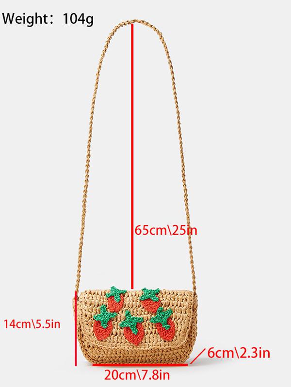 Women's Cute Handmade Braided Strawberry Embroidered Raffia Straw Beach Vacation Shoulder Bag