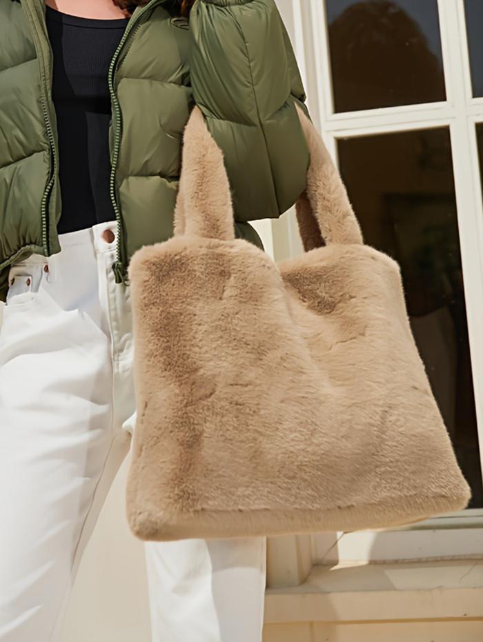 Women's Daily Solid Color Fluffy Fuzzy Furry Faux Fur Large Capacity Top Handle Shoulder Tote Bag