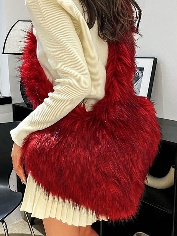 Women's Y2K Style Heart Shape Fluffy Faux Fur High Capacity Oversized Crossbody Bag