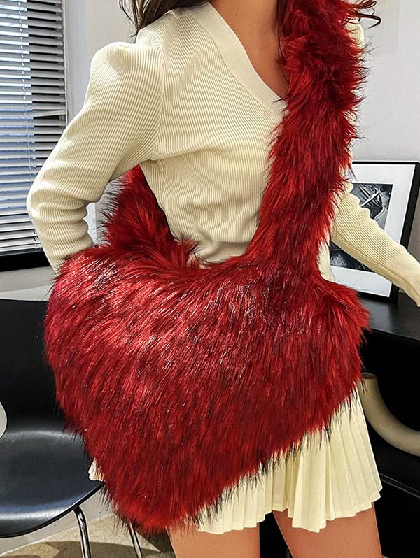Women's Y2K Style Heart Shape Fluffy Faux Fur High Capacity Oversized Crossbody Bag