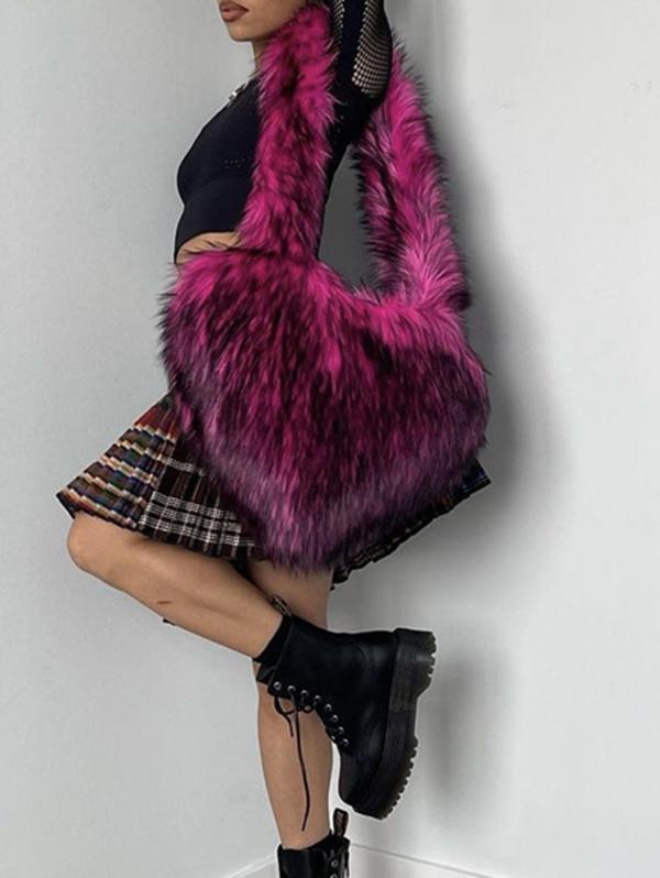 Women's Y2K Statement Oversized Heart Shaped Faux Fur Fluffy Crossbody Shoulder Bag