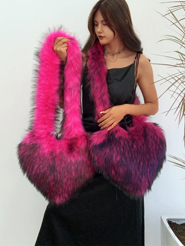 Women's Y2K Statement Oversized Heart Shaped Faux Fur Fluffy Crossbody Shoulder Bag
