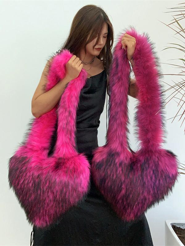 Women's Y2K Statement Oversized Heart Shaped Faux Fur Fluffy Crossbody Shoulder Bag