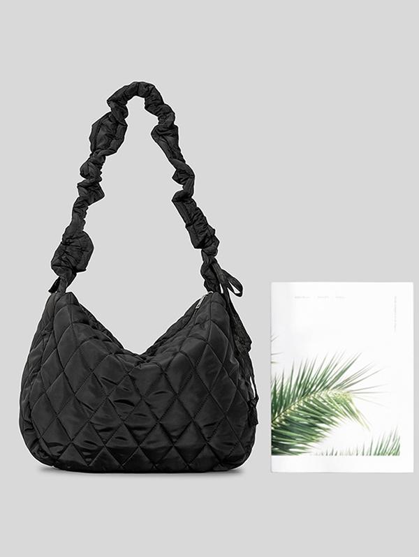 Women's Daily Solid Color Quilted Padded Puffer Design Ruched Strap Shoulder Bag