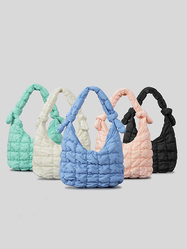 Women's Simple Style Solid Color Wrinkle Textured Quilted Puffer Knot Handle Handbag