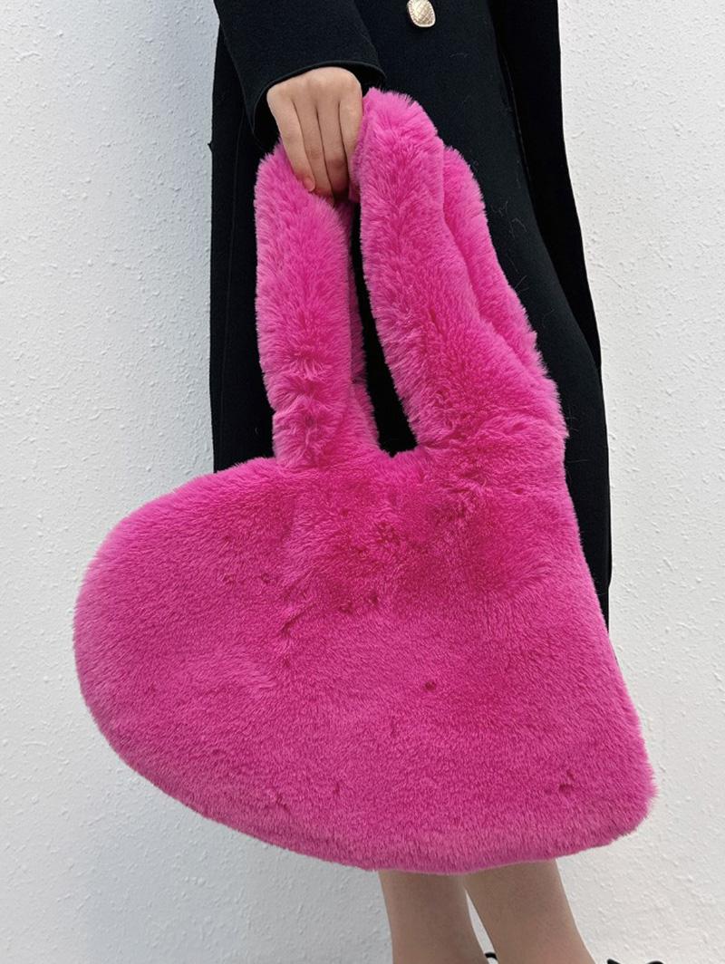 Women's Daily Solid Color Fluffy Fuzzy Furry Faux Fur Textured Asymmetrical Heart Shaped Shoulder Ba