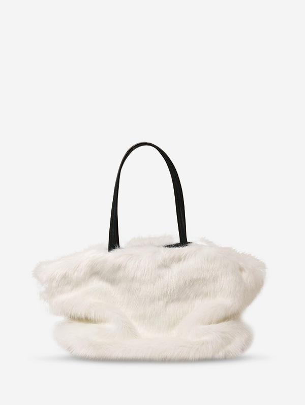 Women's Daily Solid Color Winter Fluffy Fuzzy Furry Faux Fur Large Capacity Shoulder Tote Bag
