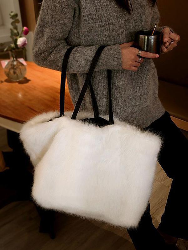 Women's Daily Solid Color Winter Fluffy Fuzzy Furry Faux Fur Large Capacity Shoulder Tote Bag