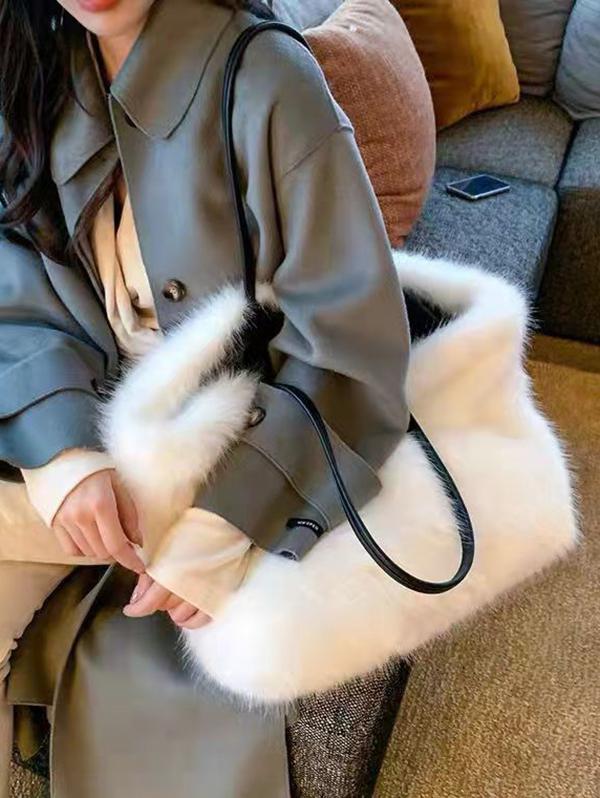 Women's Daily Solid Color Winter Fluffy Fuzzy Furry Faux Fur Large Capacity Shoulder Tote Bag