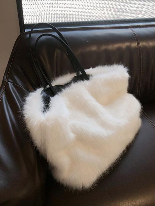 Women's Daily Solid Color Winter Fluffy Fuzzy Furry Faux Fur Large Capacity Shoulder Tote Bag