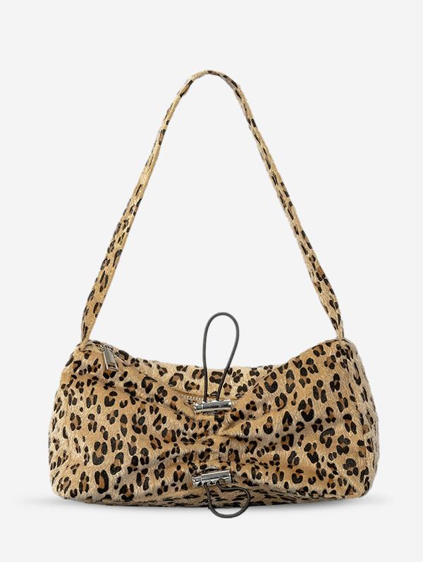 Women's Winter Fuzzy Faux Fur Animal Printed Drawstring Design Tote Bag