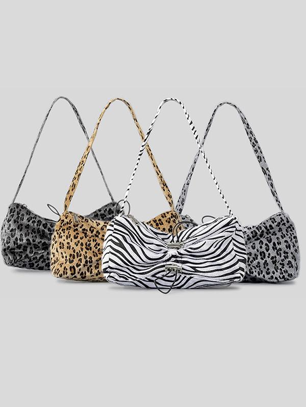 Women's Winter Fuzzy Faux Fur Animal Printed Drawstring Design Tote Bag