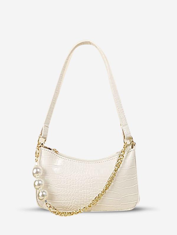 Embossed Faux Pearl Chain Embellished Shoulder Bag