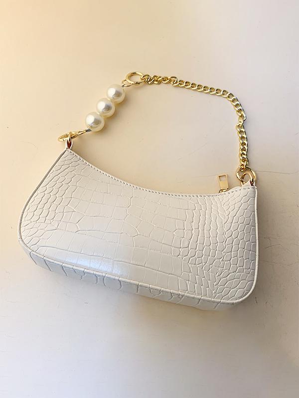 Embossed Faux Pearl Chain Embellished Shoulder Bag