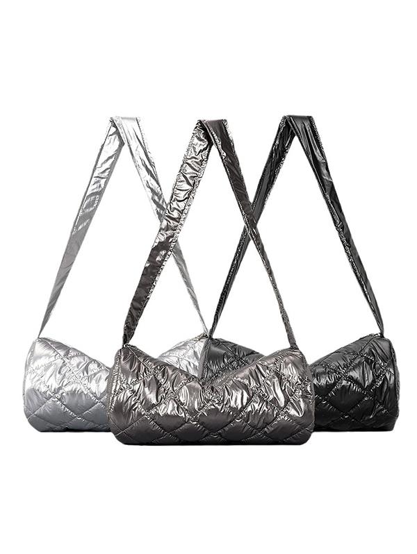 Women's Winter Solid Color Argyle Puffer Padded Quilted Cylinder Shape Shoulder Bag