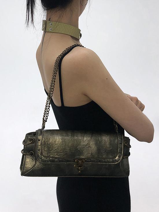 Women's Retro O Ring Decorated Chain Flap Rectangle Shoulder Bag