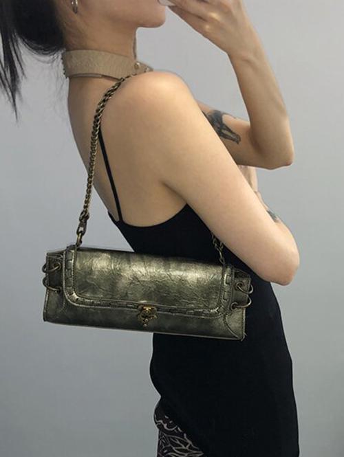 Women's Retro O Ring Decorated Chain Flap Rectangle Shoulder Bag