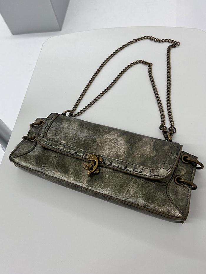Women's Retro O Ring Decorated Chain Flap Rectangle Shoulder Bag