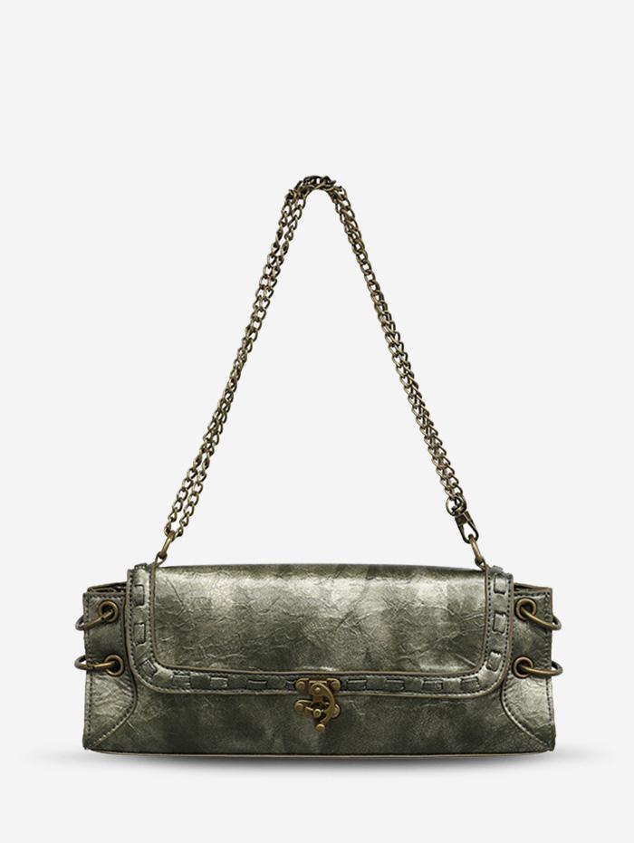 Women's Retro O Ring Decorated Chain Flap Rectangle Shoulder Bag