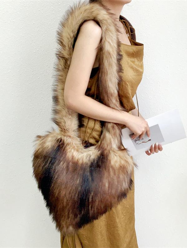 Women's Fashion Daily Y2K Streetwear Fluffy Fuzzy Furry Faux Fur Textured Heart Shaped Shoulder Bag
