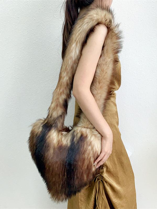 Women's Fashion Daily Y2K Streetwear Fluffy Fuzzy Furry Faux Fur Textured Heart Shaped Shoulder Bag