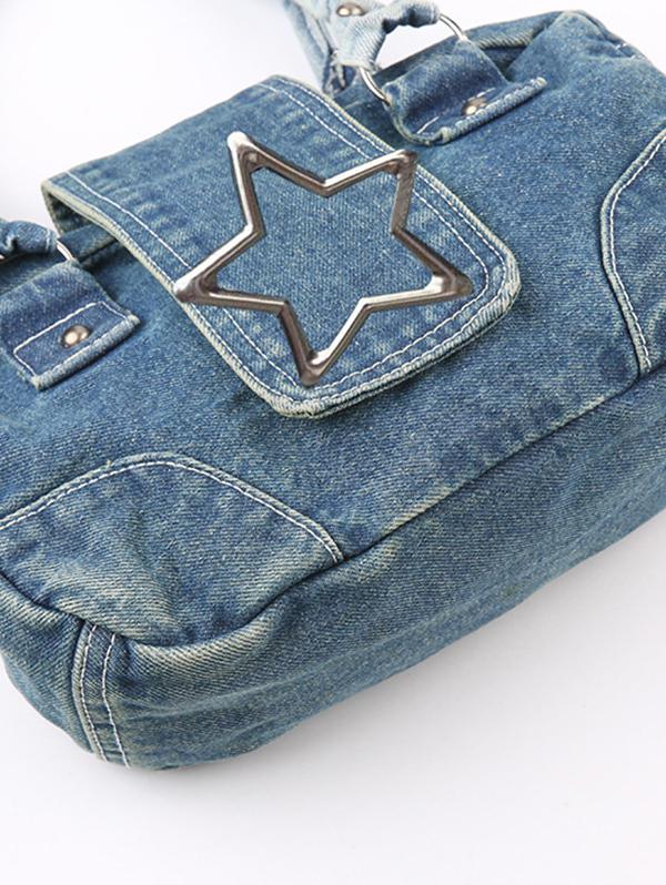 Women's Retro Metal Star Decorated Dual Handle Denim Shoulder Bag