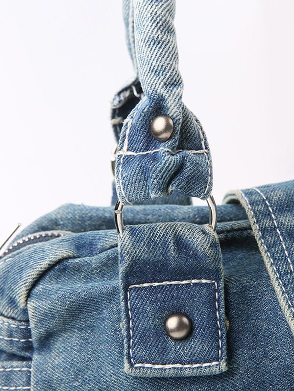 Women's Retro Metal Star Decorated Dual Handle Denim Shoulder Bag