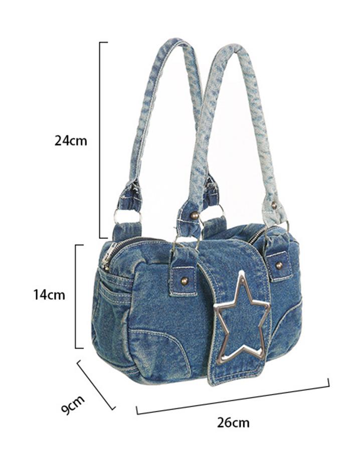 Women's Retro Metal Star Decorated Dual Handle Denim Shoulder Bag
