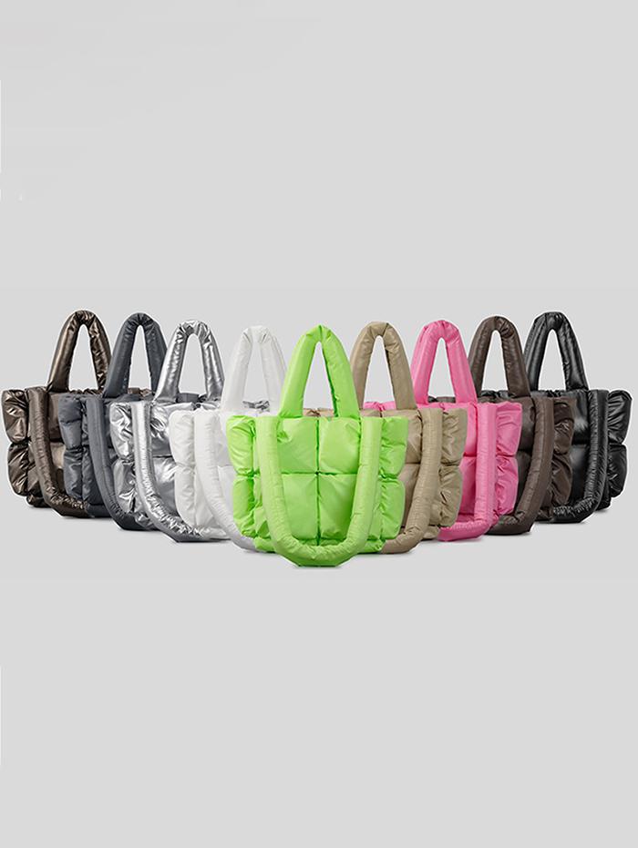 Women's Daily Solid Color Strappy Quilted Padded Puffer Design Down Shoulder Tote Bag