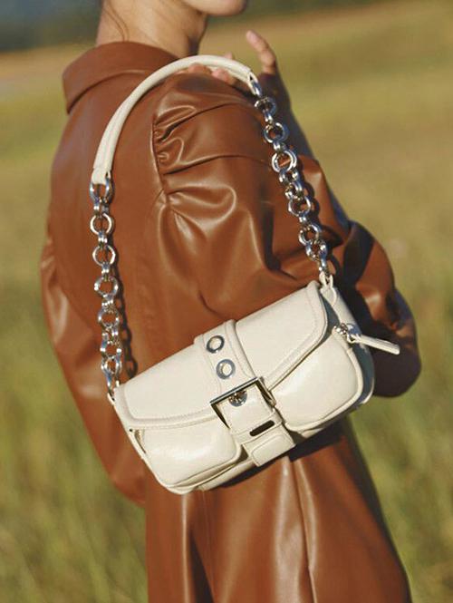 Retro Solid Color Circular Ring Design Chain Shoulder Bag