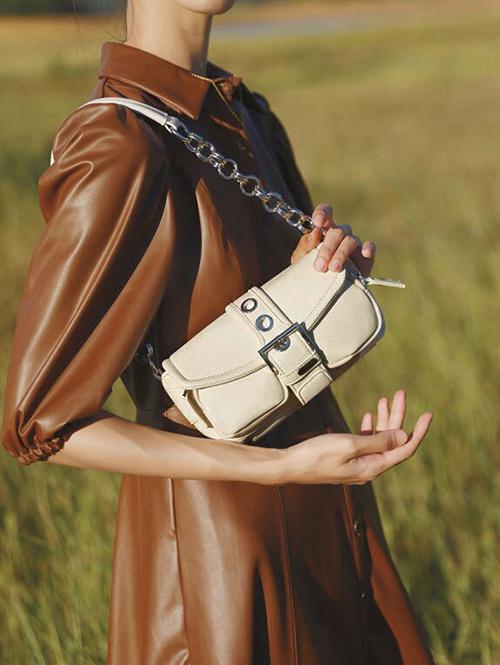 Retro Solid Color Circular Ring Design Chain Shoulder Bag