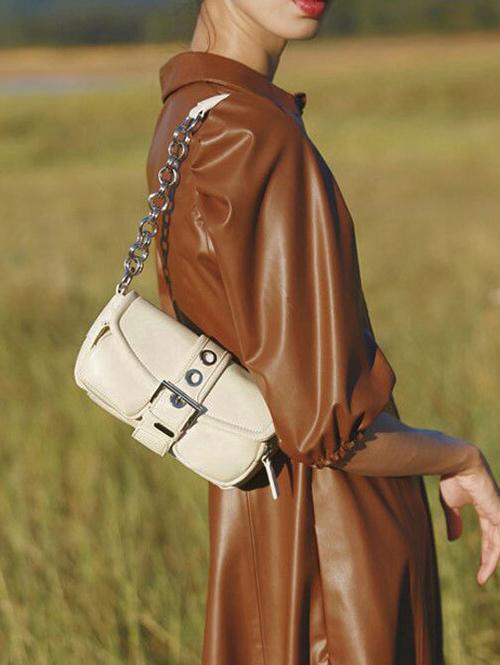 Retro Solid Color Circular Ring Design Chain Shoulder Bag