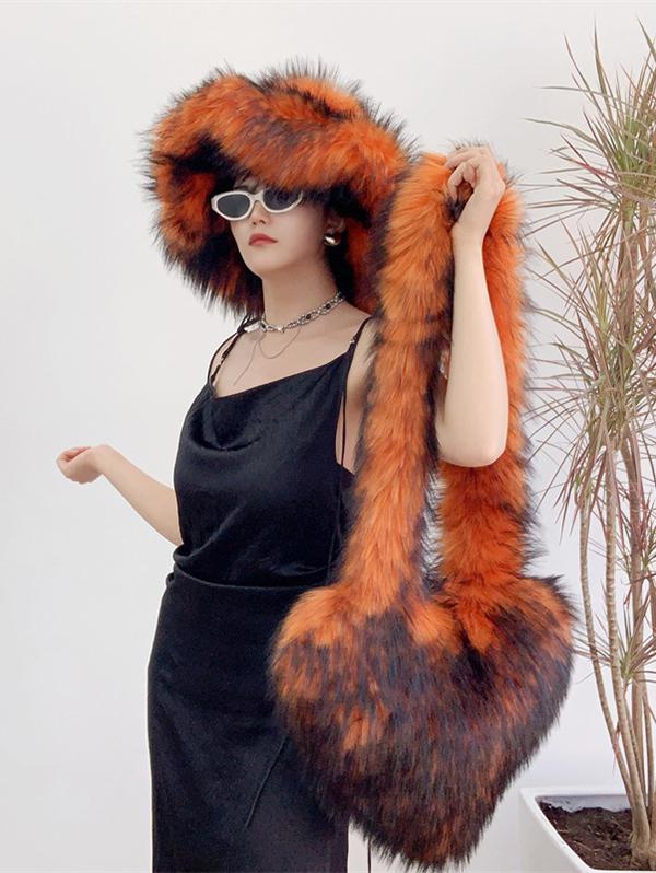 Women's Daily Streetwear Fluffy Fuzzy Furry Faux Fur Matching Bucket Hat Heart Shaped Shoulder Bag Set