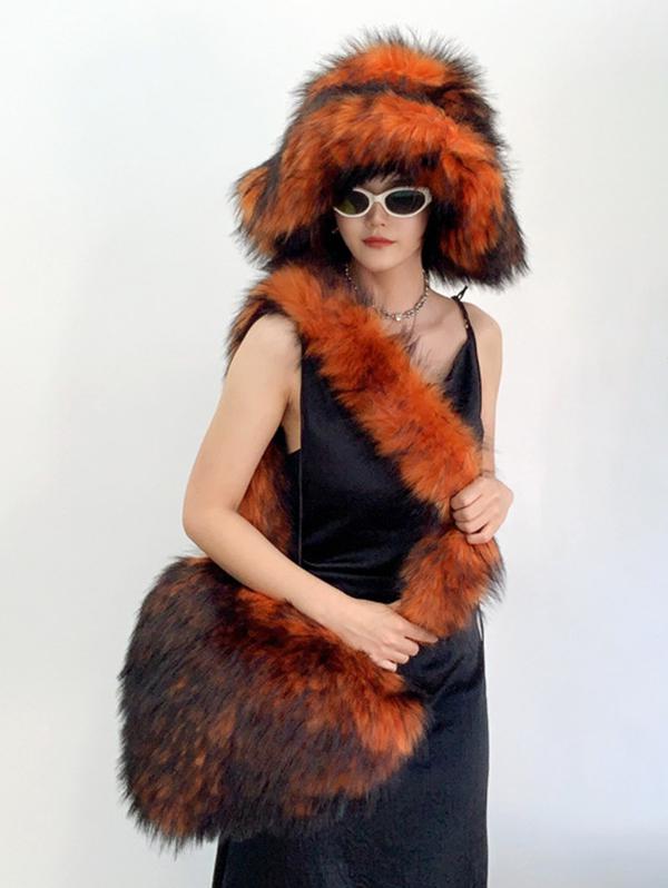 Women's Daily Streetwear Fluffy Fuzzy Furry Faux Fur Matching Bucket Hat Heart Shaped Shoulder Bag Set