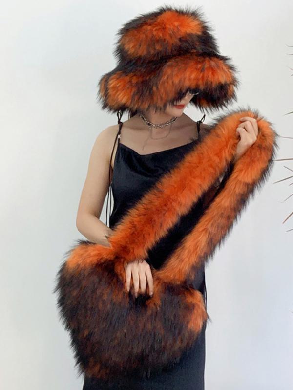 Women's Daily Streetwear Fluffy Fuzzy Furry Faux Fur Matching Bucket Hat Heart Shaped Shoulder Bag Set
